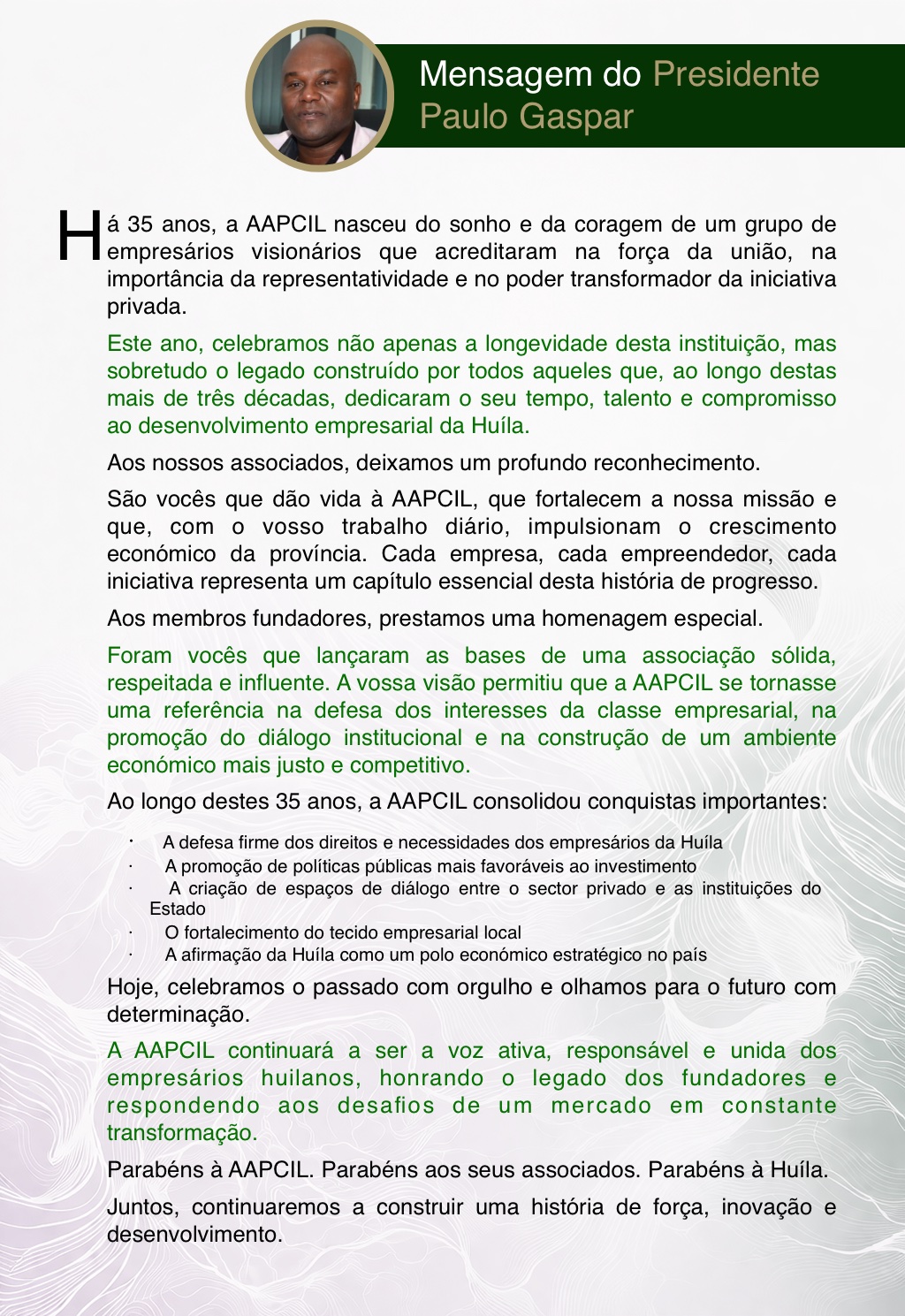 Mensagem institucional do Presidente